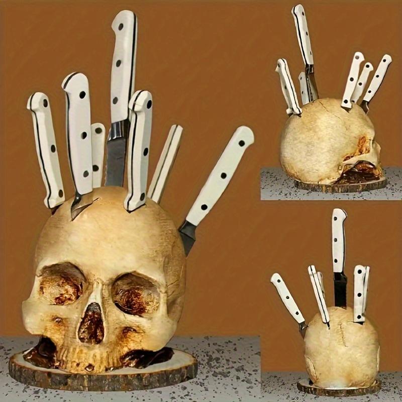 1pc Skull Knife Holder For Kitchen Storage, Halloween Resin Skull Knife Block Without Knives, Scary Party Fruit Storage Rack