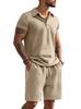 Men's Summer 2 Piece Outfit, Waffle Knit Polo Shirt and Elastic Waist Shorts, Casual Tracksuit for Beach Streetwear