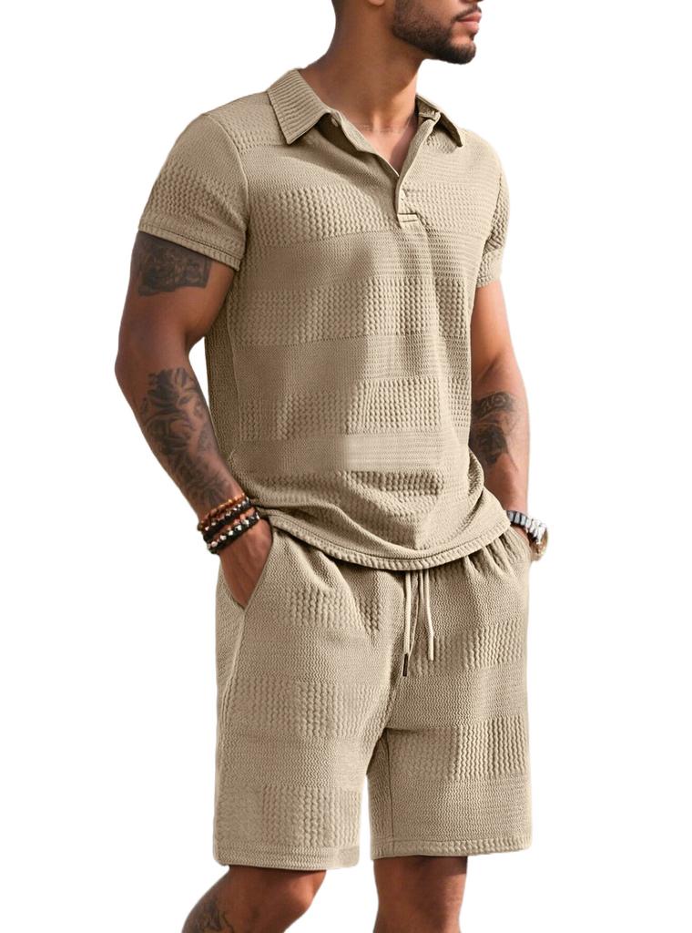 Men's Summer 2 Piece Outfit, Waffle Knit Polo Shirt and Elastic Waist Shorts, Casual Tracksuit for Beach Streetwear