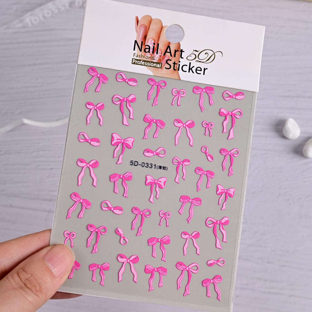 1PC 5D Embossed White Lace Bow Nail Art Stickers Cute Pink White Ribbon Bow Tie Nail Sliders Kawaii Bow Manicure Accessories TY9