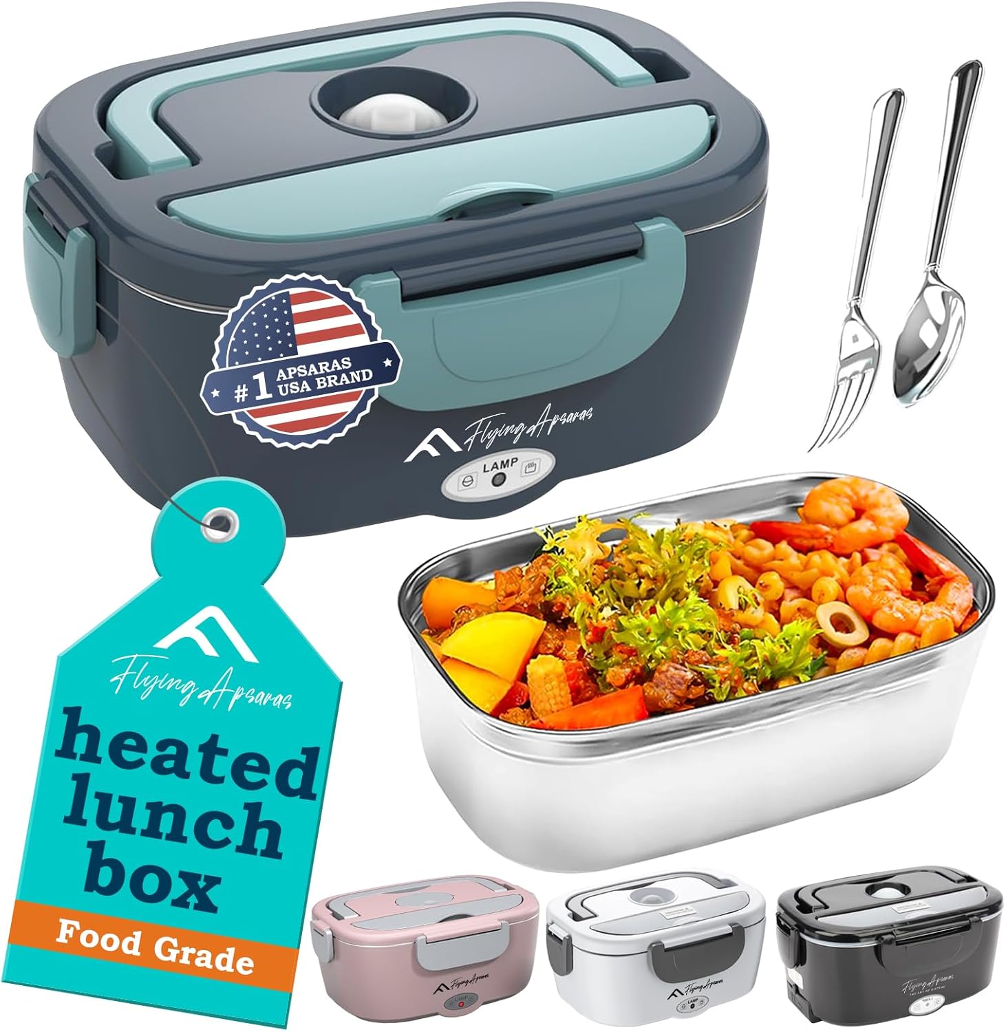 

APSARAS Electric Lunch Box 60-80W, 3in1 Portable Food Warmer for Car/Office, 12V/24V/110V, Includes SS Fork & Insulated Bag (Gre зелений