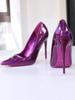 Fashion New Purple Laser Patent Leather Pointed High Heels with Thin Heels, Shallow Mouth, Sexy Cross Dressing, Plus Size 12CM