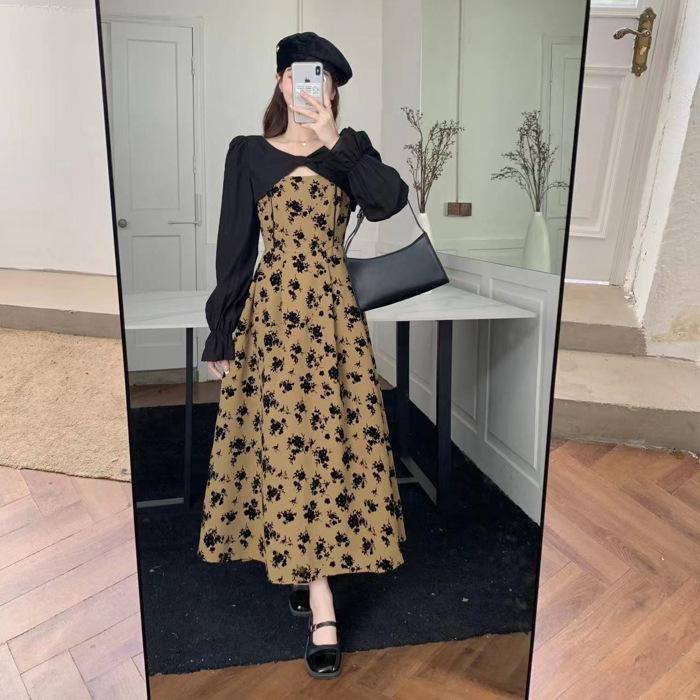 

YYFS женские модные весенне-осенние повседневные платья с цветочным узором и длинными рукавами и v-образным вырезом и высокой талией XXL жёлтый