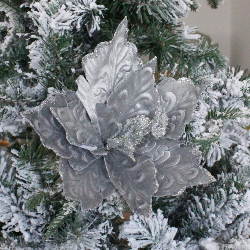 

New 28cm Christmas Flowers Large DIY Poinsettia Glitter Flower Party Supplies Hanging Ornaments Xmas Tree Decorations серый
