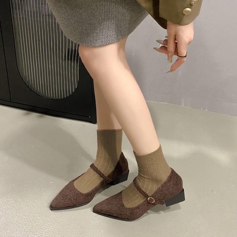 Fashion Autumn New Coarse Heel Shoes Women's Fashion Pointed Shallow Mouth Suede Anti-slip Wear-resistant Low-top Shoes