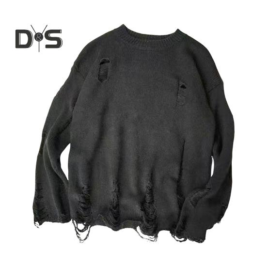 Men Fall Winter Sweater Ripped Hole Solid Color Round Neck Knitted Retro Japanese Style Mid Length Loose Long Sleeve Soft Warm Pullover Men Sweater
