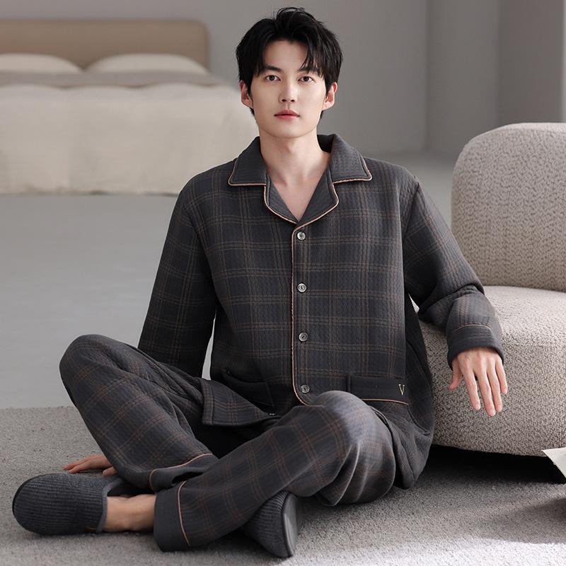 Air cotton sandwich pajamas men's autumn and winter thickened pure cotton long-sleeved men's winter thin padded large-size loungewear