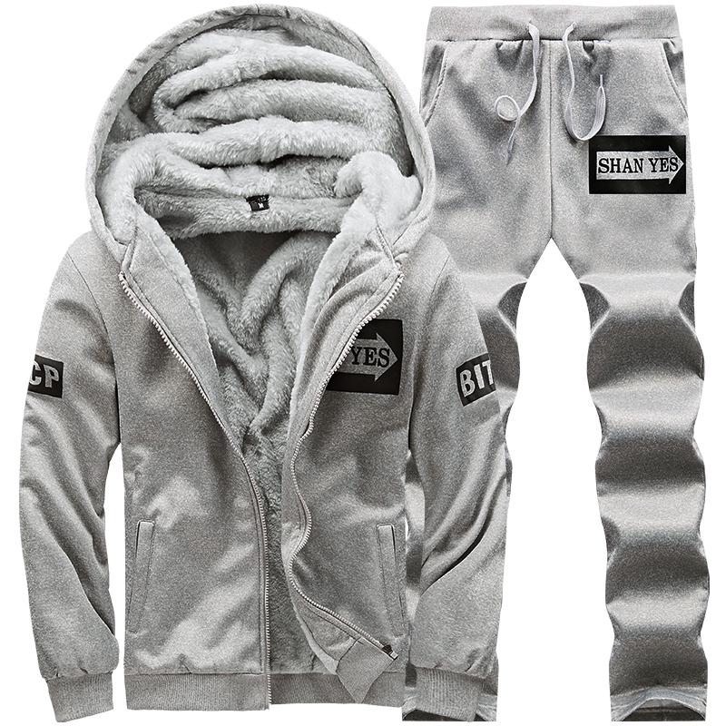 Fleece Herren Set Mode Trainingsanzug Gefüttert Dickes Sweatshirt Hose Sportbekleidung Anzug Männlich Winter Warm Kapuzenoberbekleidung Anzug