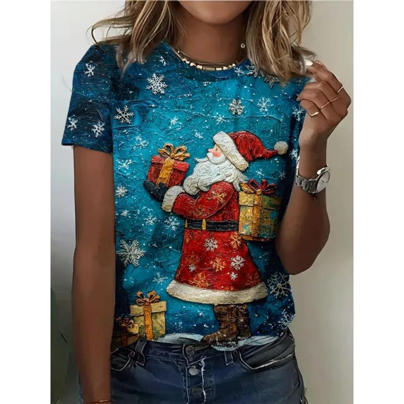 Summer Ladies 3D Printed Crew Neck T-Shirt Christmas Dress Up