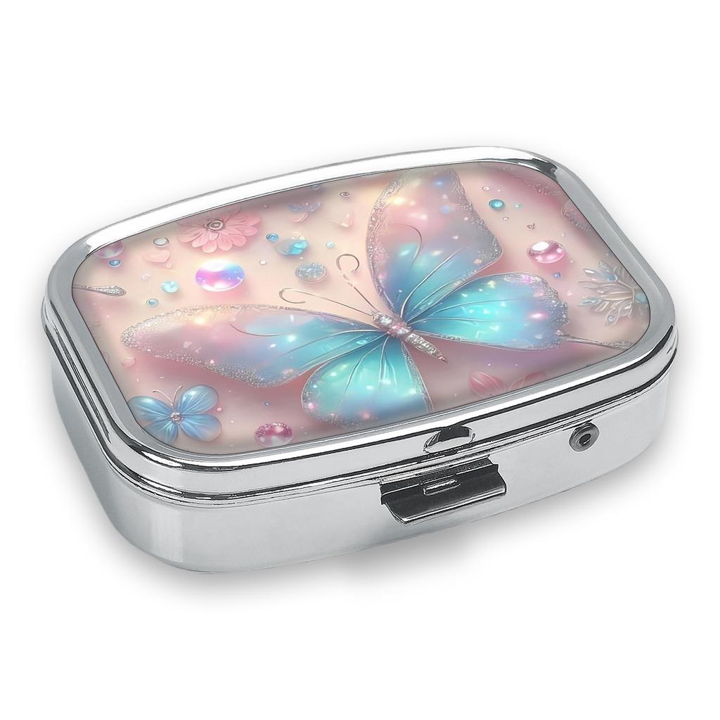 Portapillole Portatile con 2 Scomparti, Mini Custodia Organizer in Metallo per Medicine, Carino Contenitore Stampato per Pillole, Vitamine, Gioielli, Viaggio, Uso Quotidiano