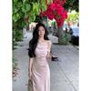 Missy aristocratic French temperament dopamine fishtail skirt swing collar slanted shoulders elegant dress women's fog powder