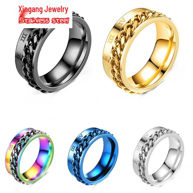 Stainless Steel Roman Numeral Rotating Ring - Titanium Chain Band