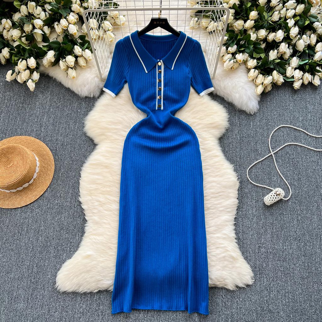 New Summer Women's Polo Knitted Dresses Colorblock Elegant Short Sleeve Buttons Bodycon Wrap Dress Female Dress