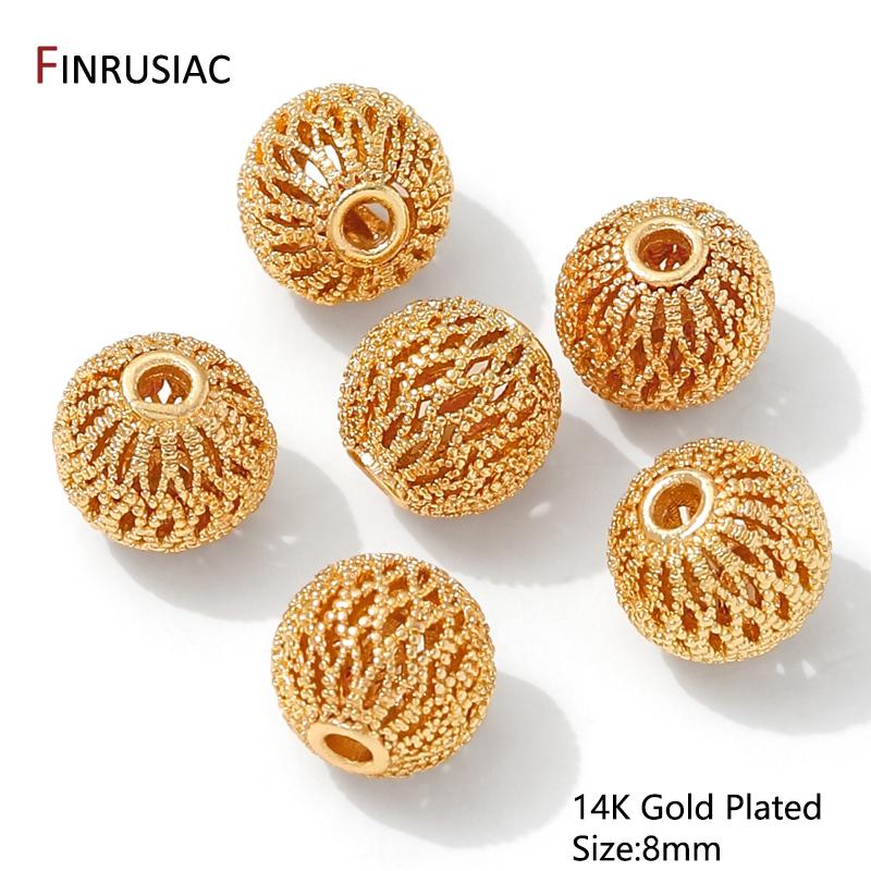 

14K Gold Plated Brass Round Spacer Beads,8/10mm Hollow Out Ball Beads Separator For DIY Bracelet Necklace Making Accessories 3 pieces