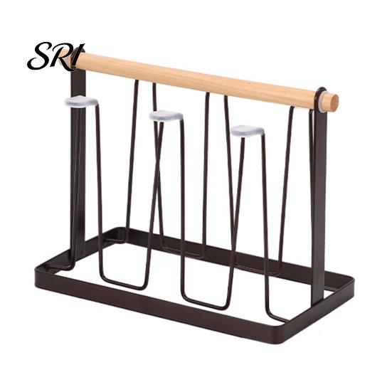 Nordic Style Cup Holder Iron Drying Rack with Wood Handle & Drip Tray Baby Bottle Plastic Dryer Space-Saving Countertop Organizer for Mugs Glasses