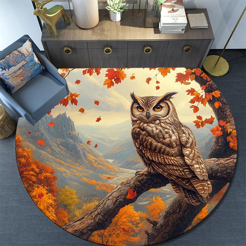 Autumn Owl Round Area Rug,Carpet Rug for Living Room Bedroom Sofa Playroom Decor,Non-slip Floor Mat