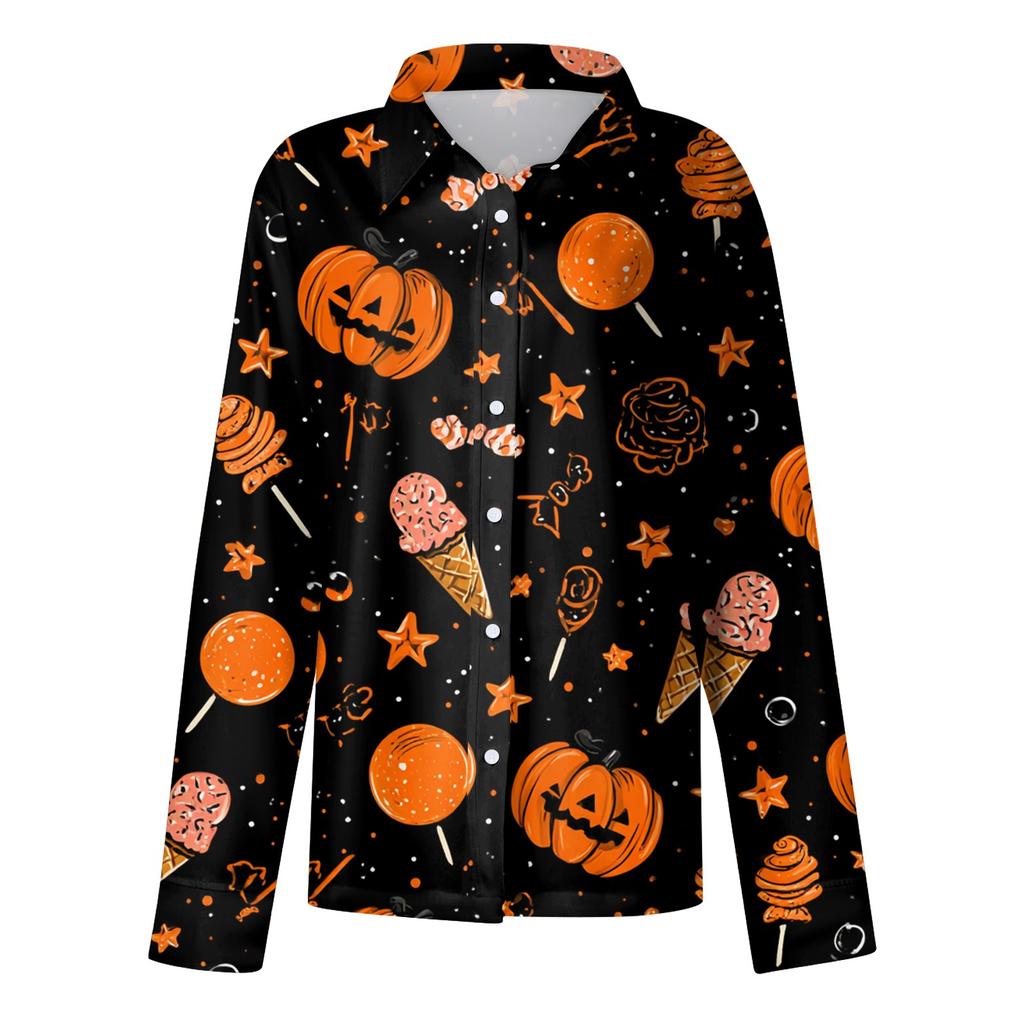 Women's Halloween Printed Casual Half-Open Collar Long Sleeve Shirt