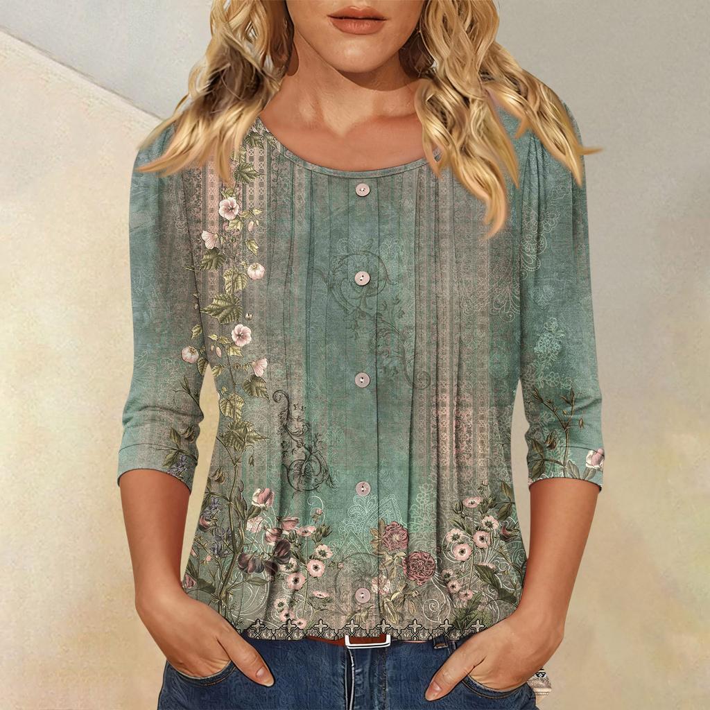 Women's Fashionable Casual Three,quarter Sleeve Button,down Retro Floral Round Neck Top