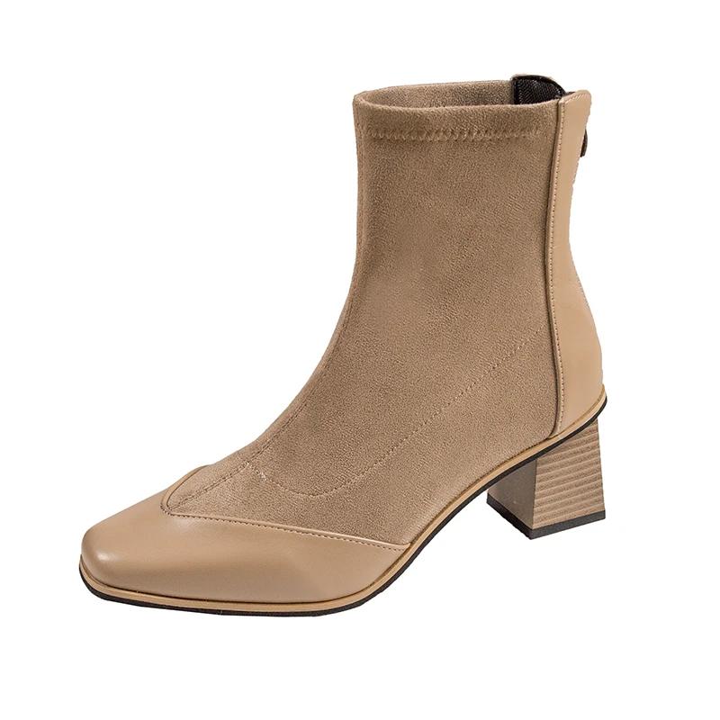 

Зимние Новые Хлопковые Ботинки на Толстом Каблуке Женские Квадратный Носок Замшевая Отделка Застежка-Молния Сзади Противоскользящие Износостойкие Короткие Ботинки 35 хаки
