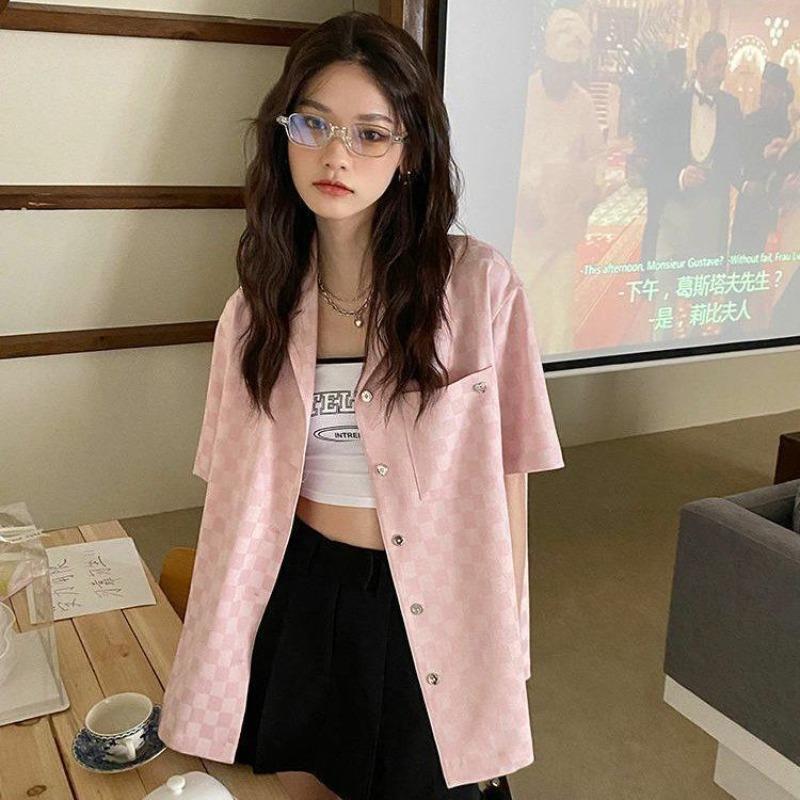 Women's Checkered Short Sleeved Shirts Summer American Style Thin Blouses Loose Casual Versatile Ladies Clothing