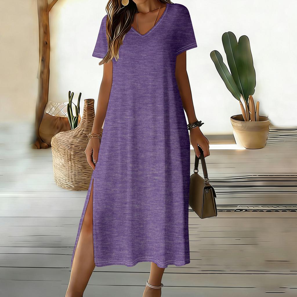 Damen Casual Lockerer V-Ausschnitt Kurzarm Rock Mit Schlitz Am Saum Und Mittellangem Design
