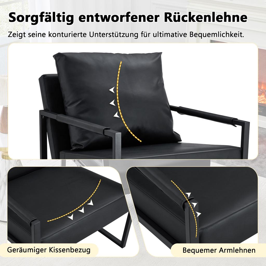 Poltrona da Lettura Nera con Struttura in Metallo Nero, Poltrona Moderna da Relax in Ecopelle, Divanetto Singolo per Soggiorno, Camera da Letto, Ufficio