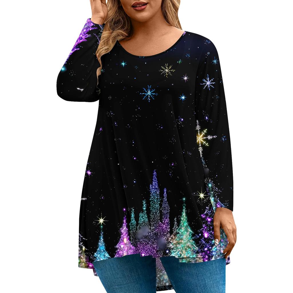 Women's Fashion Large Size Round Neck Long Sleeve Casual Christmas Print Loose Pullover Top