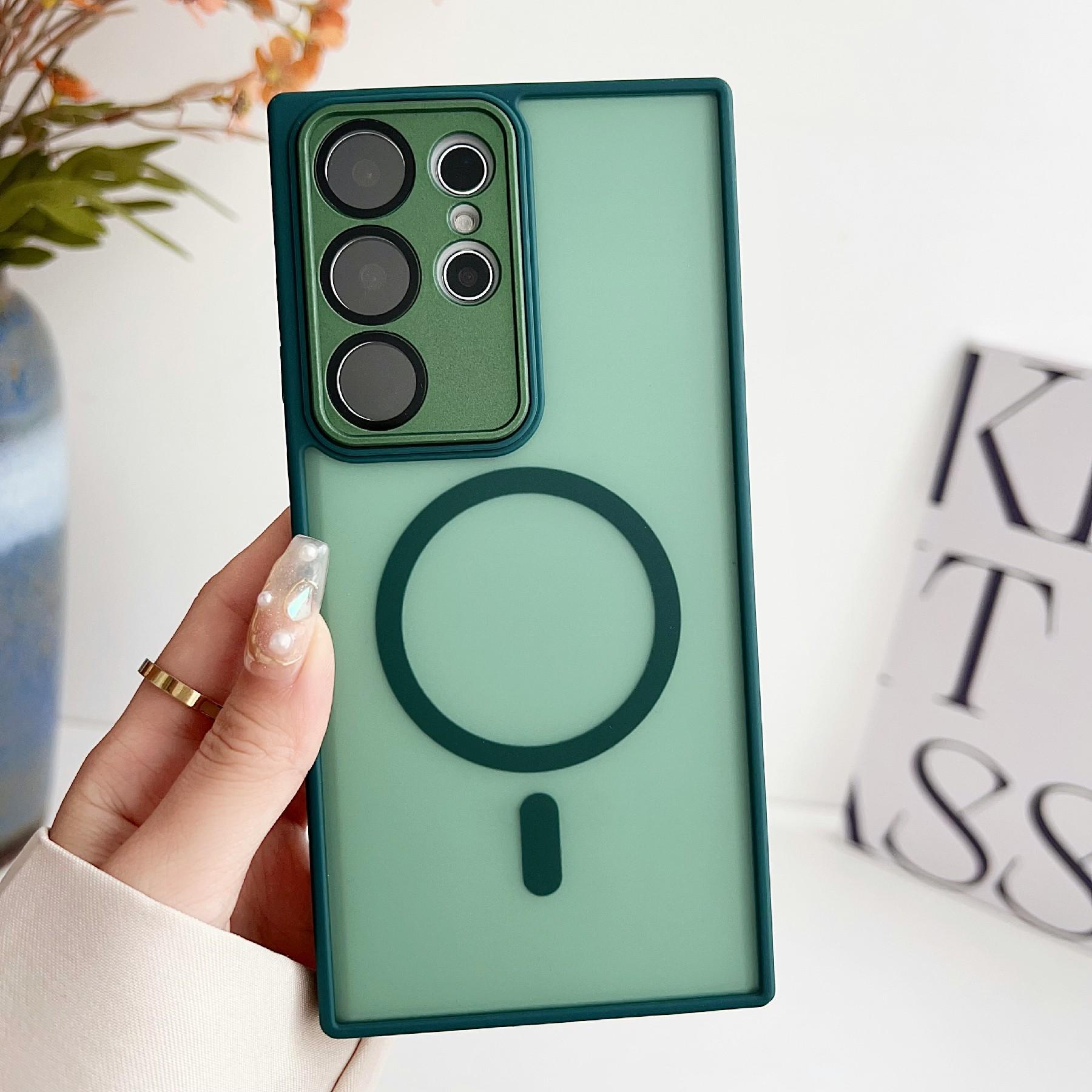 

For Samsung Galaxy S23 Ultra Magnetic Case with Lens Film Skin Touch TPU+PC Phone Back Cover Midnight Green