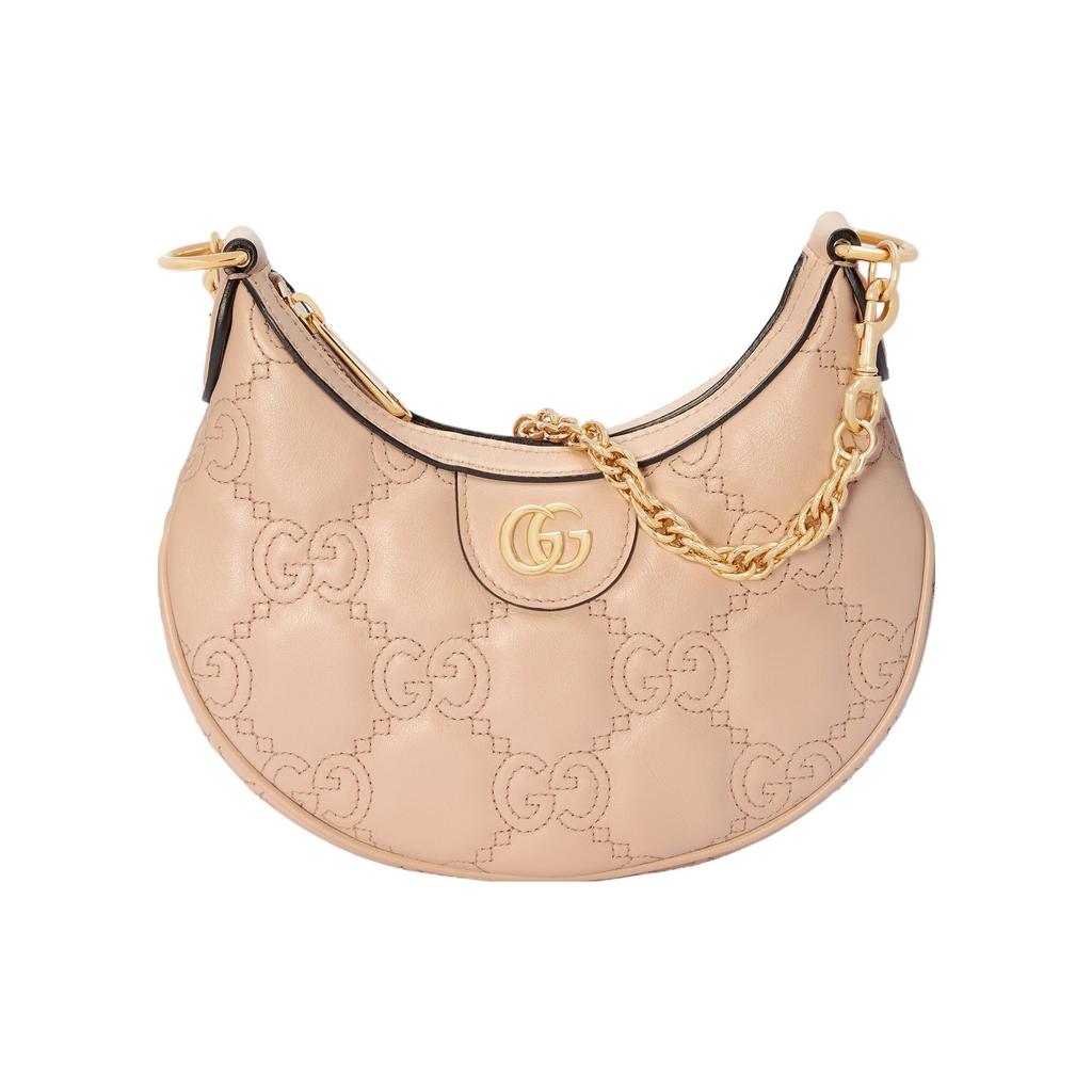 Gucci GG Matelassé Gold Logo Chain Leather Crescent Bag Women Shoulder Bag Beige 739736-UM8IG-9500