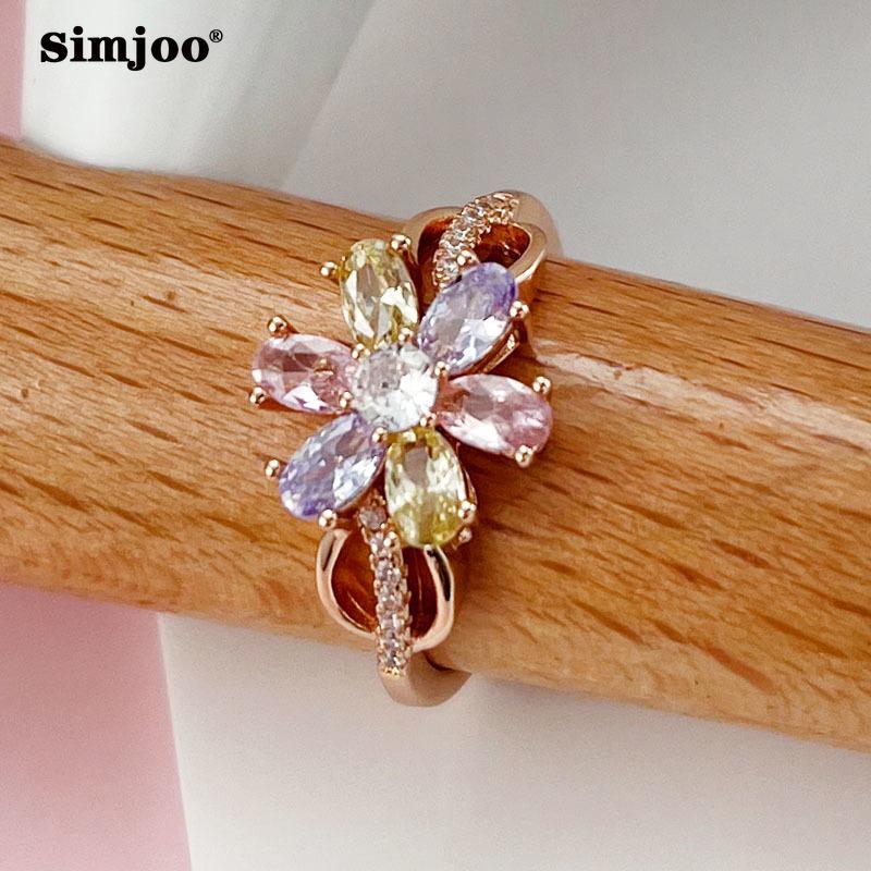 SIMJOO Simple and Colorful Zircon Rose Gold Flower Ring for Women