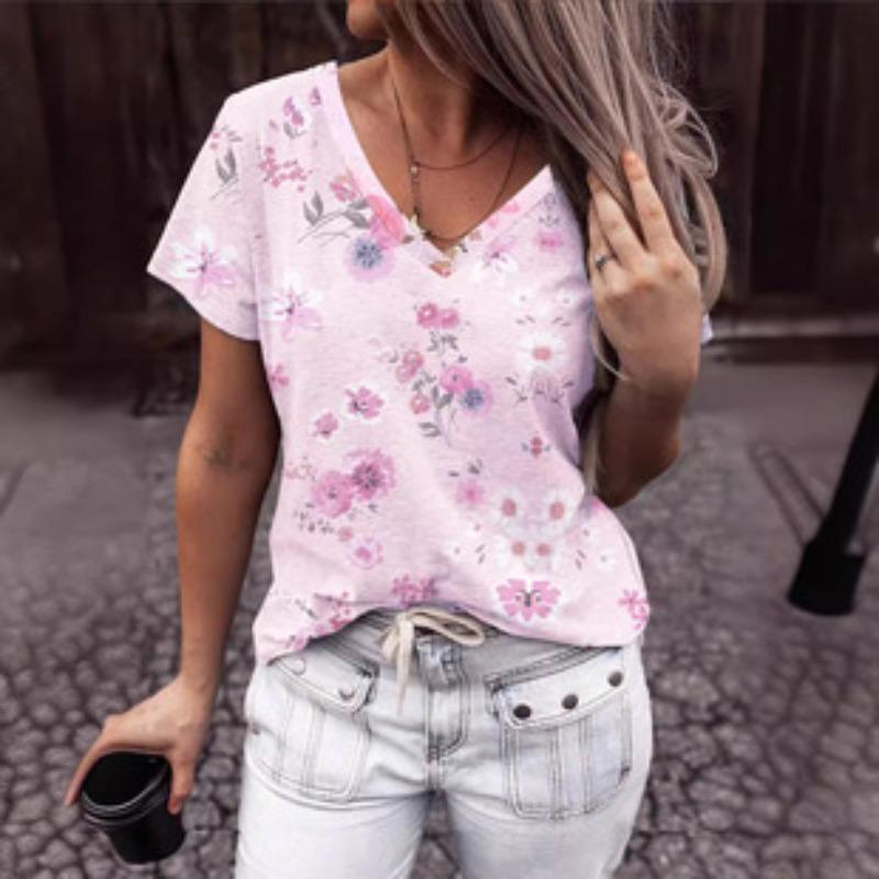 

Summer V-neck Little Flower Pattern 3D Printed Top Fashionable Casual Short Sleeved Women s T-shirts S