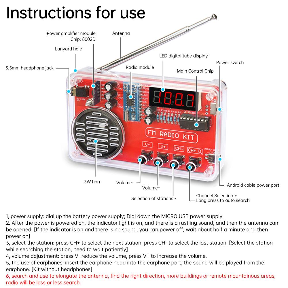 DIY FM Radio Electronic Kit Adjustable Frequency 150Hz-20KHz Digital Display DIY Soldering Project Practice Solder RDA5807