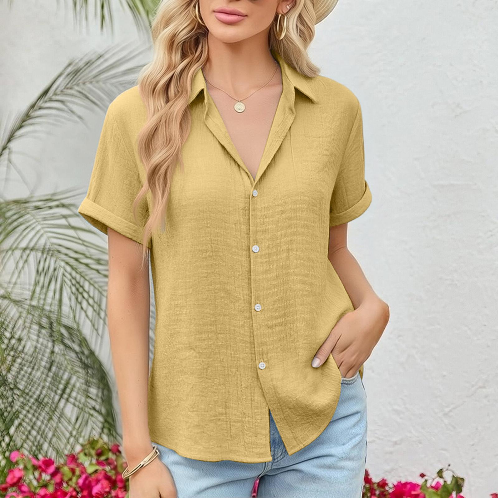 

Women s T-shirt Casual Shirt Elegant Summer Short Sleeved Button Oversized T-shirt Shirt Top XL жовтий
