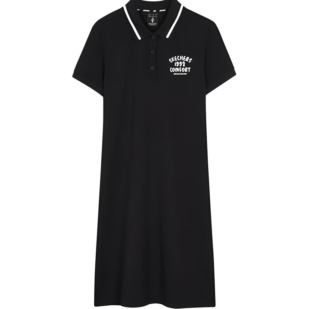 Skechers Fashion Simple Button Letter Polo Collar Short Sleeve Dress Women Dresses Carbon-Black L224W094-0018