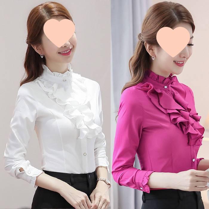 2025 Spring & Autumn Korean Style Women's Stand-Up Collar Long Sleeve Slimming Ruffle Shirt