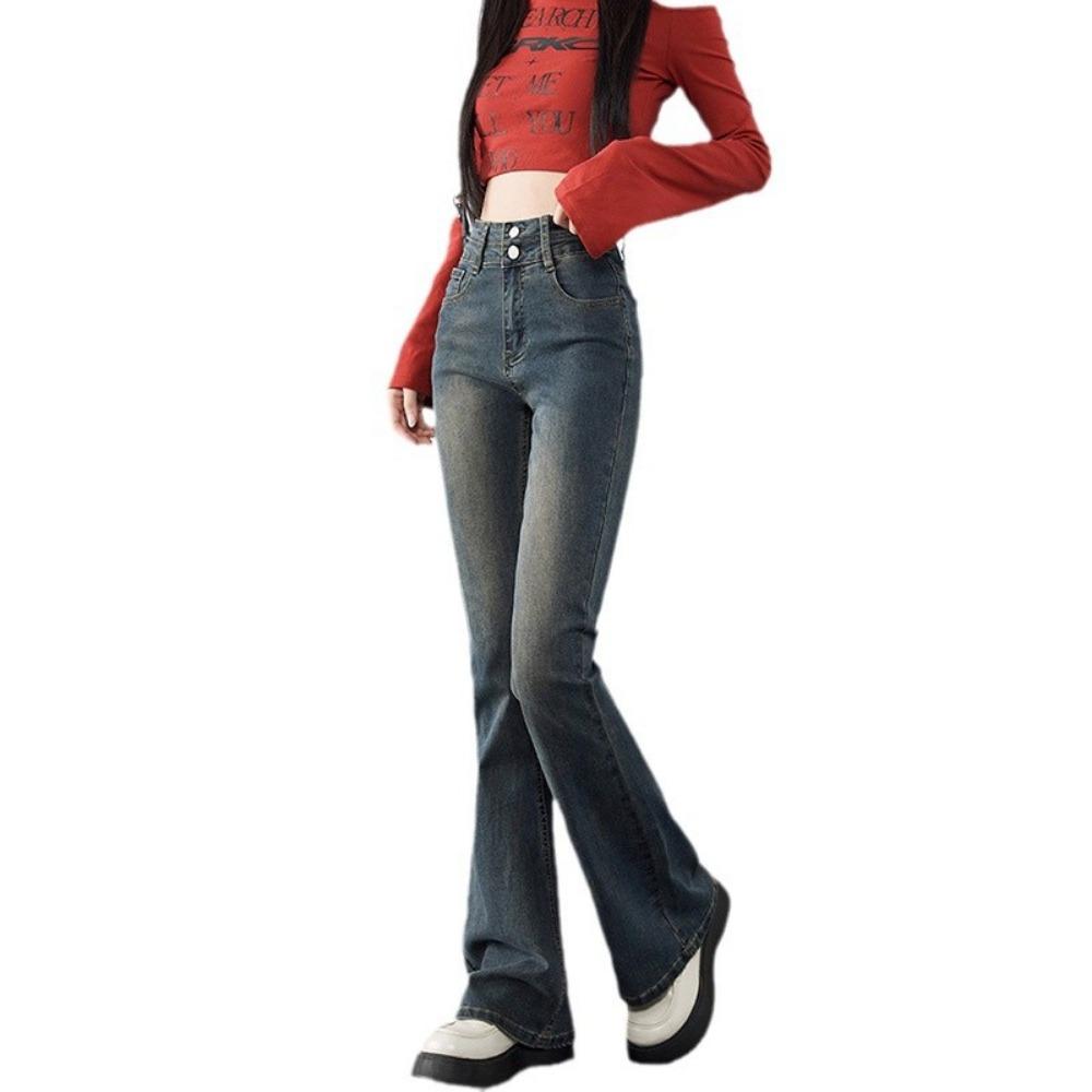 Jeans Lavati High Street Donna Autunno Vita Alta Versatili Skinny Pantaloni a Zampa Piccola Pantaloni a Ferro di Cavallo