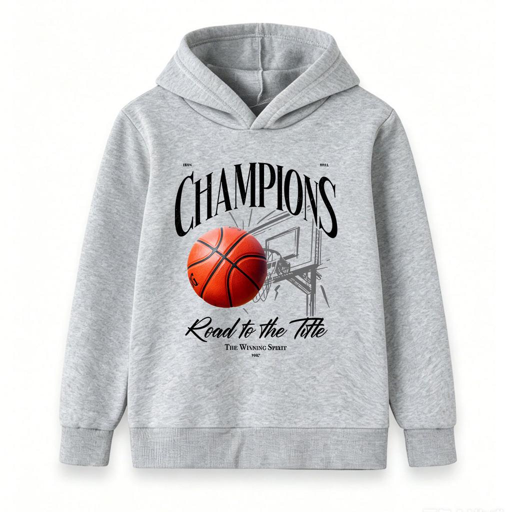 Kids Boys Girls Basketball Champions Print Pullover Hoodie Casual Long Sleeve Road To The Title Graphic Hooded Sweatshirt For Sports Daily Wear