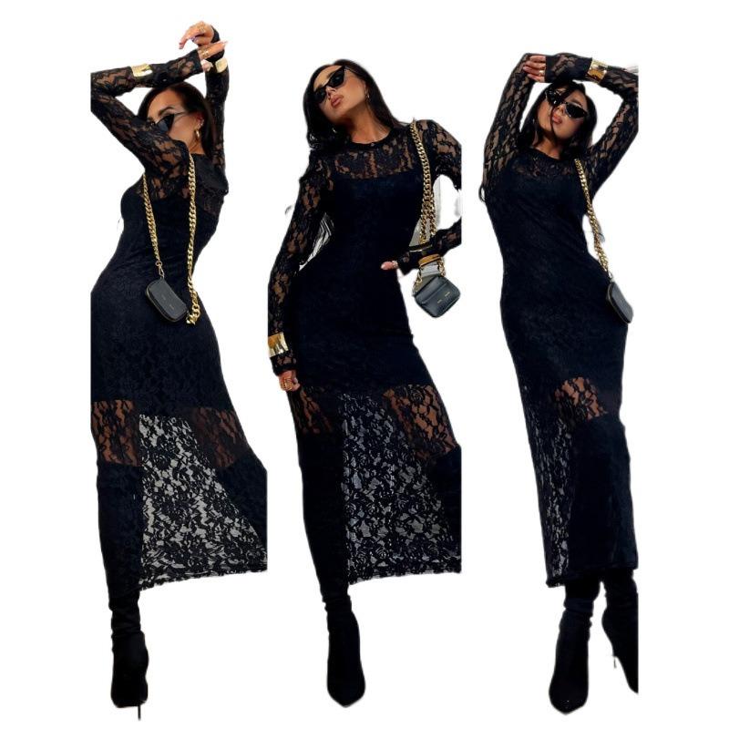 Women's Long-sleeved Crew Neck Patchwork Lace Base Dress
