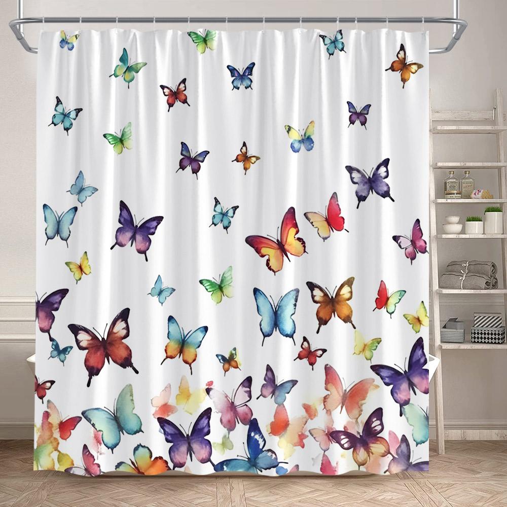 Floral Butterflies Shower Curtains Pink Blue Rustic Flowers Butterfly Plant Polyester Fabric Home Bathroom Curtain Bathtub Decor