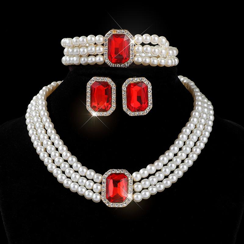 Pearl choker neck chain bridal multi-layer imitation pearl necklace bracelet stud earrings set