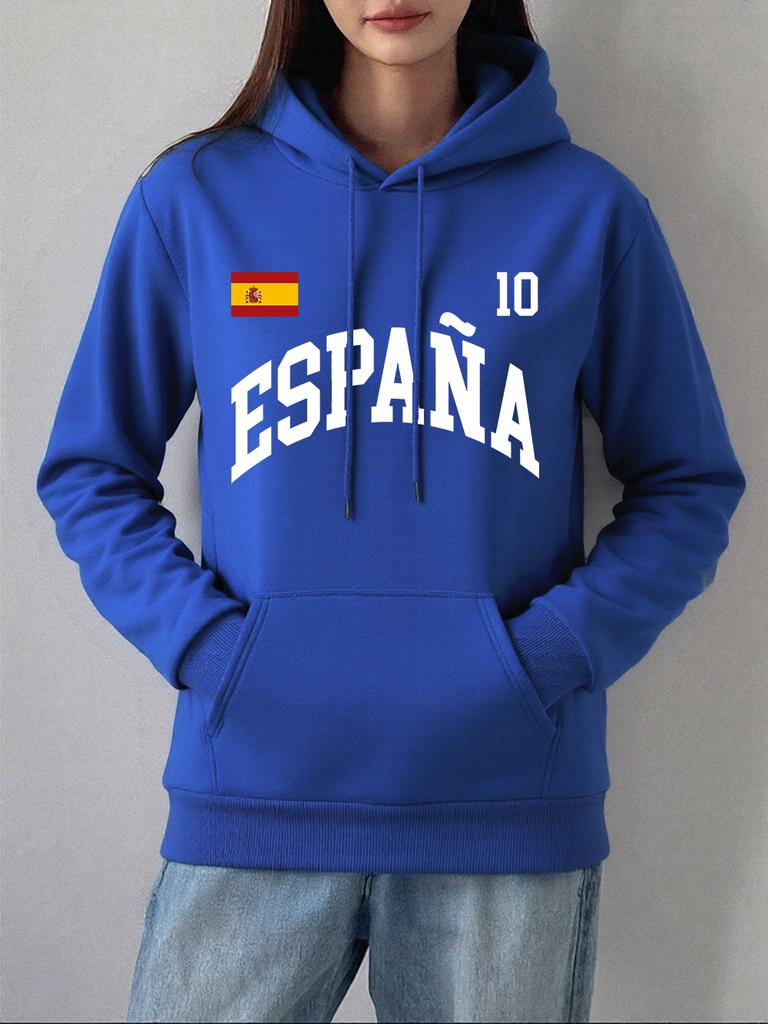 España Flag Number 10 Prints Hoodies Womens Comfortable Loose Sweatshirts Winter Fleece Warm Pullovers Basics Pocket Clothes