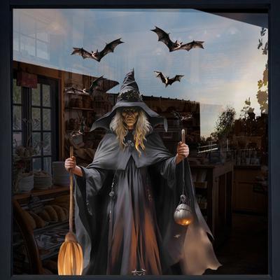 Halloween, Adesivo de janela de bruxa, Horror gigante, Adesivo de janela de silhueta, Decoração de festa