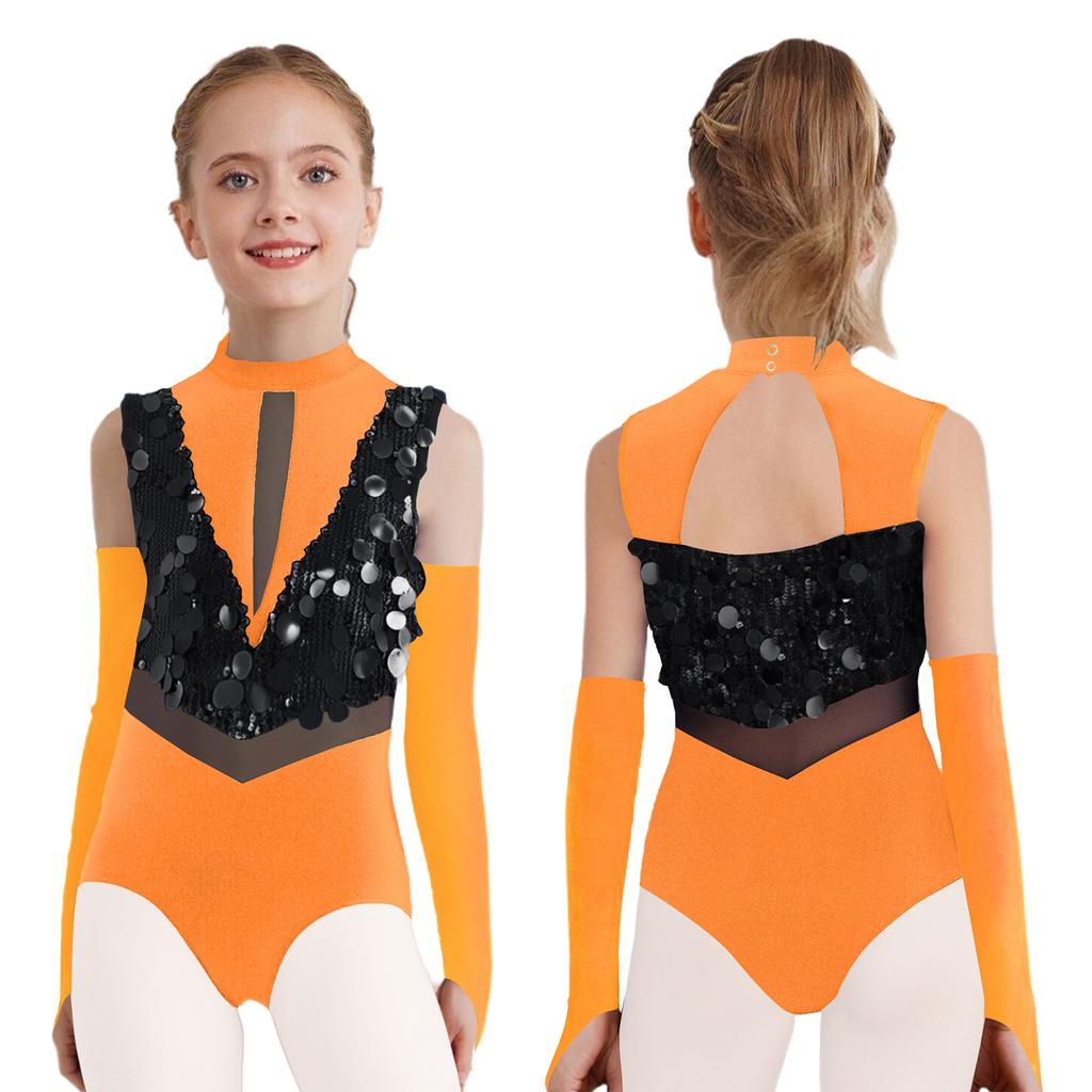 Kids Dance Leotard with Gloves Mock Neck Cutout Back Sparkling Sequins Color Block Performance Outfit