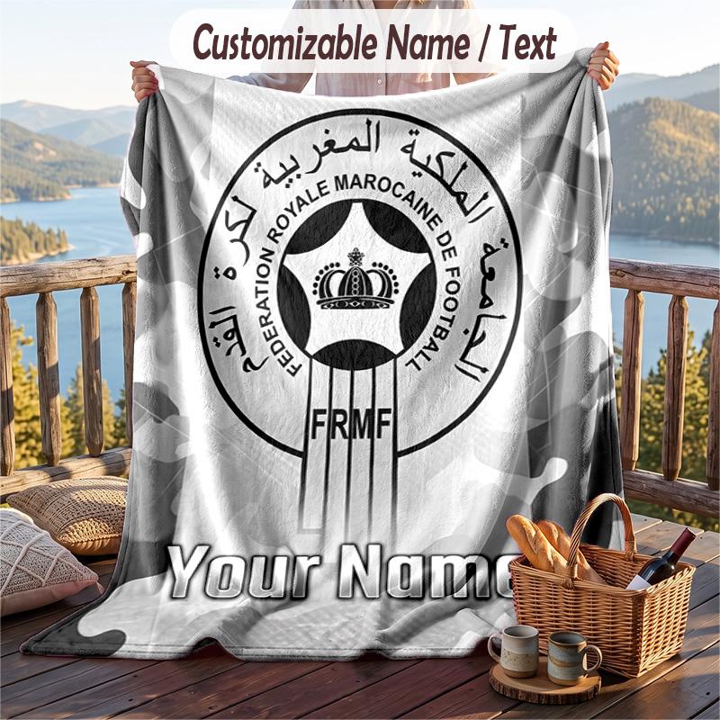 Flannel Blanket Morocco Football Print Custom Name Text Soft Throw for Sofa Bed