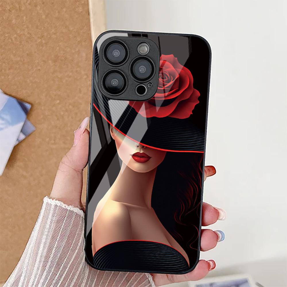 

Sexy Girl Red Lips Tempered Glass Phone Case For iPhone 13 16 14 15 11 12 17 Pro Max Air 16E 8 7 Plus XR XS SE Shockproof Cover iPhone 15 Pro
