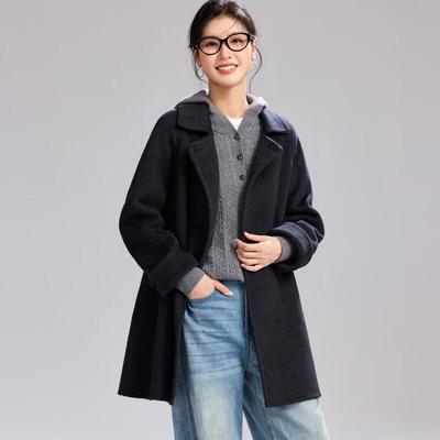 JINJU Women's Mid-Length Double-Breasted Wool Blend Coat