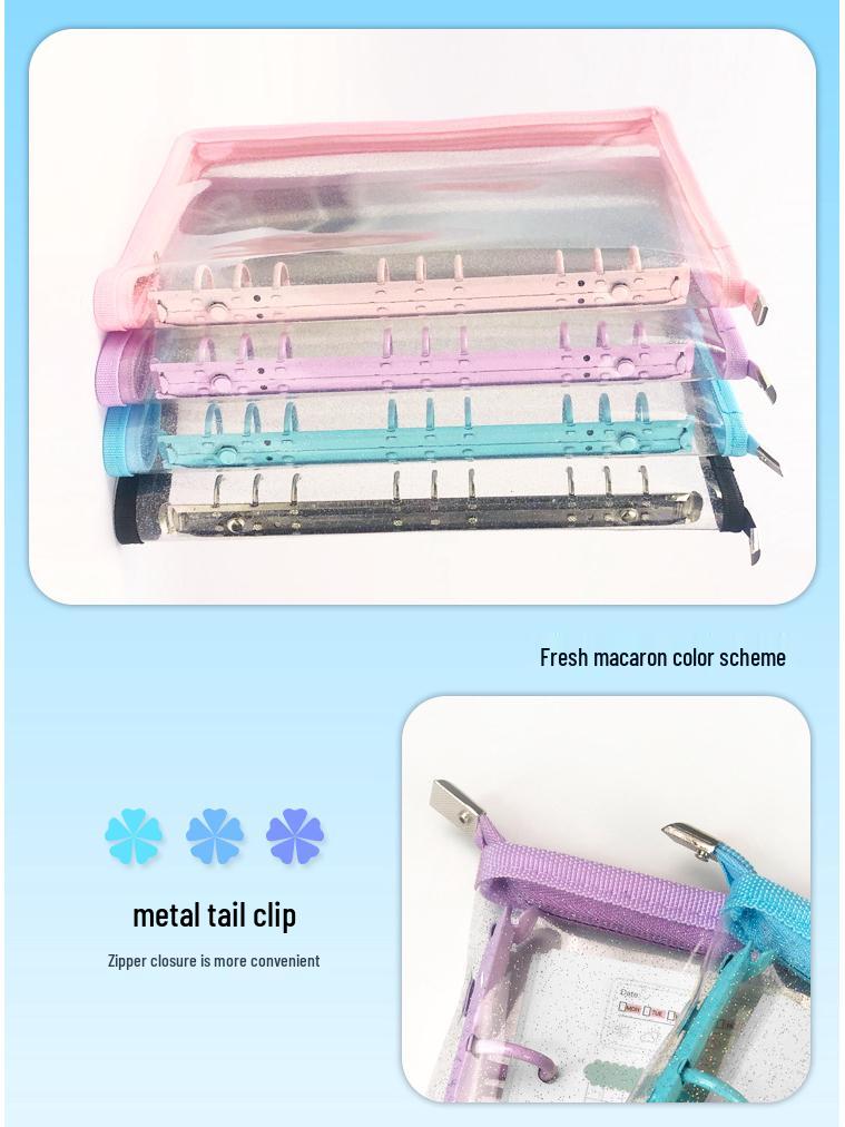 Japanese Style B5 Transparent 9-Hole Zipper Notebook with Gold Glitter - Loose-Leaf Diary & Schedule Planner