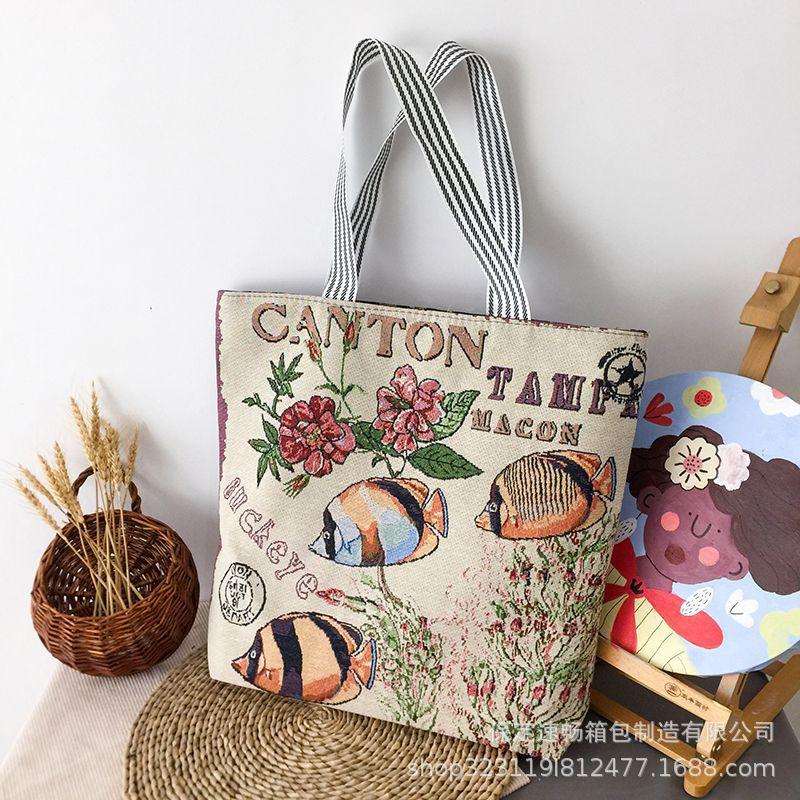 Canvas-Tasche Große Kapazität Canvas-Tasche Damen Doppellagig mit tragbar Einfache Webstickerei Schulter Reißverschluss Einkaufstasche Ethnischer Stil