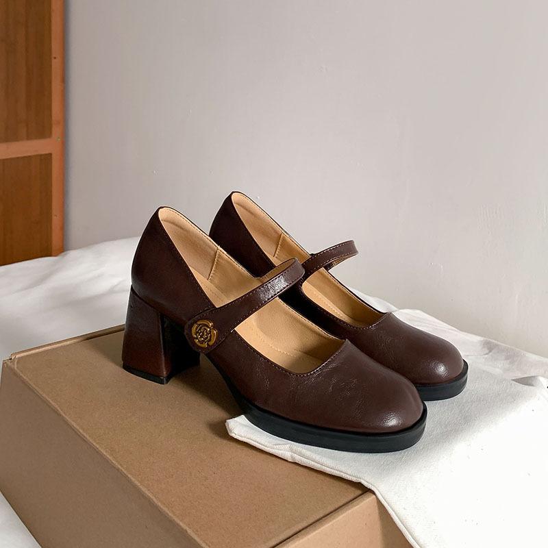 Cowhide Version~ Genuine Leather French Mary Jane Shoes Women's College Style Retro Square Head One-word Buckle Light Mouth Single Shoes High Heels