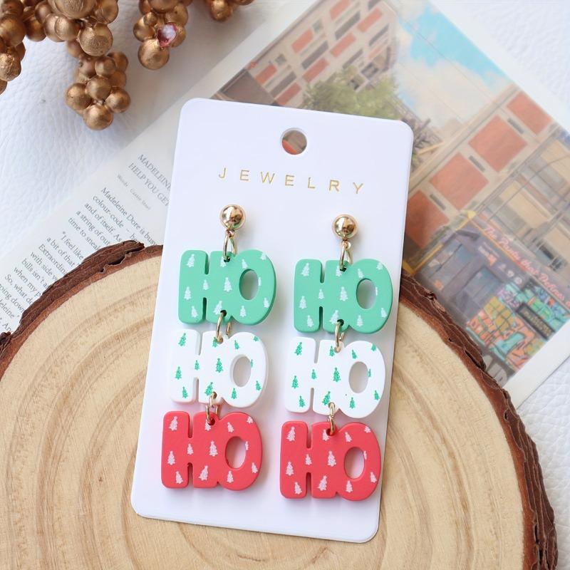 Christmas acrylic imitation soft pottery paint earrings personalized letters Christmas tree print earrings holiday earrings female